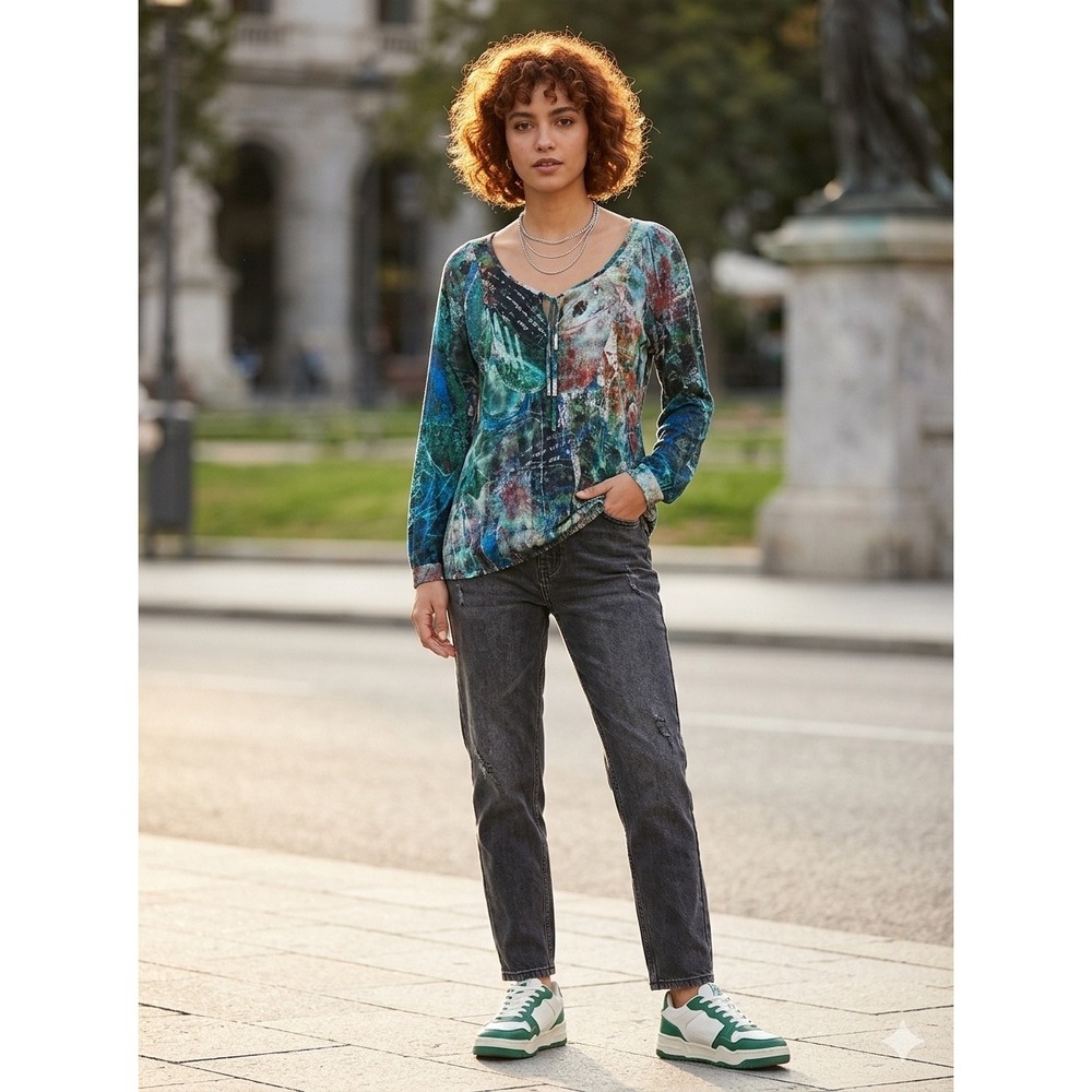 Desigual Abstract Print Long Sleeve Top Large Multicolor Boho Artsy Blouse